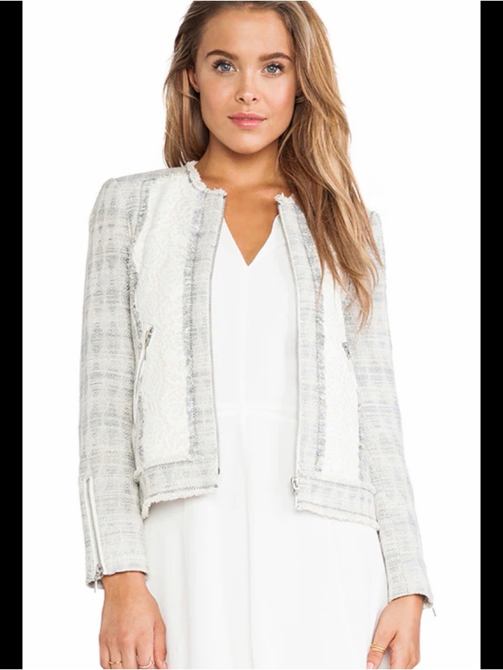 Rebecca Taylor revolve Cream mixed Tweed & lace Collarless Jacket